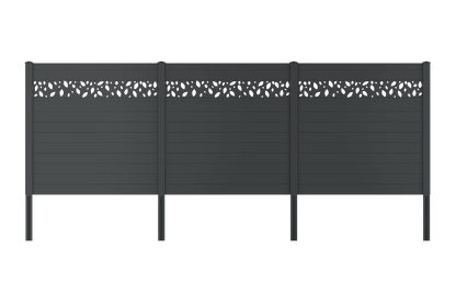 Aluzaun Komplettset VIDUAL snap 140, fenstergrau (RAL 7040 Feinstruktur) – Gestaltung mit optionalen Zusatzdekoren. Serien-/Systembeispiel; Farbe, Maße oder Ausführung können abweichen. Zusatzdekore sind nicht automatisch im Set enthalten.
