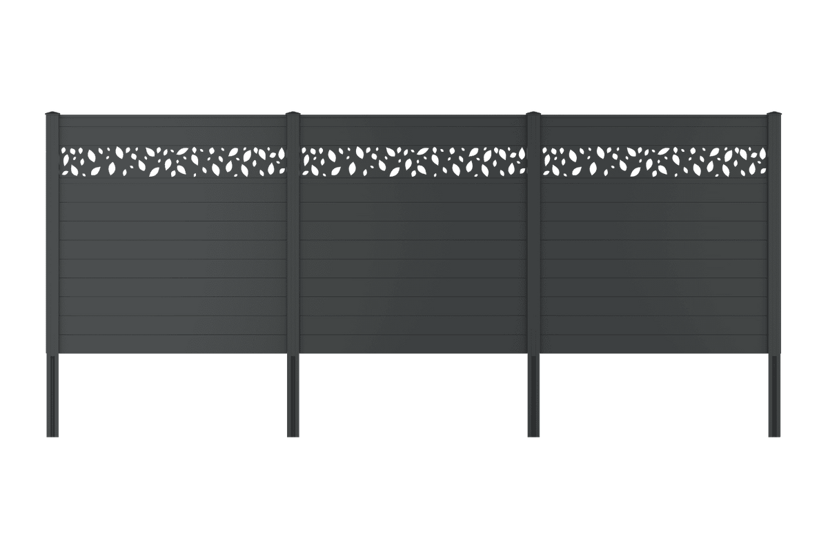 WPC-Zaun Komplettset VIDUAL comp-co 140, grau – Gestaltung mit optionalen Zusatzdekoren. Serien-/Systembeispiel; Farbe, Maße oder Ausführung können abweichen. Zusatzdekore sind nicht automatisch im Set enthalten.