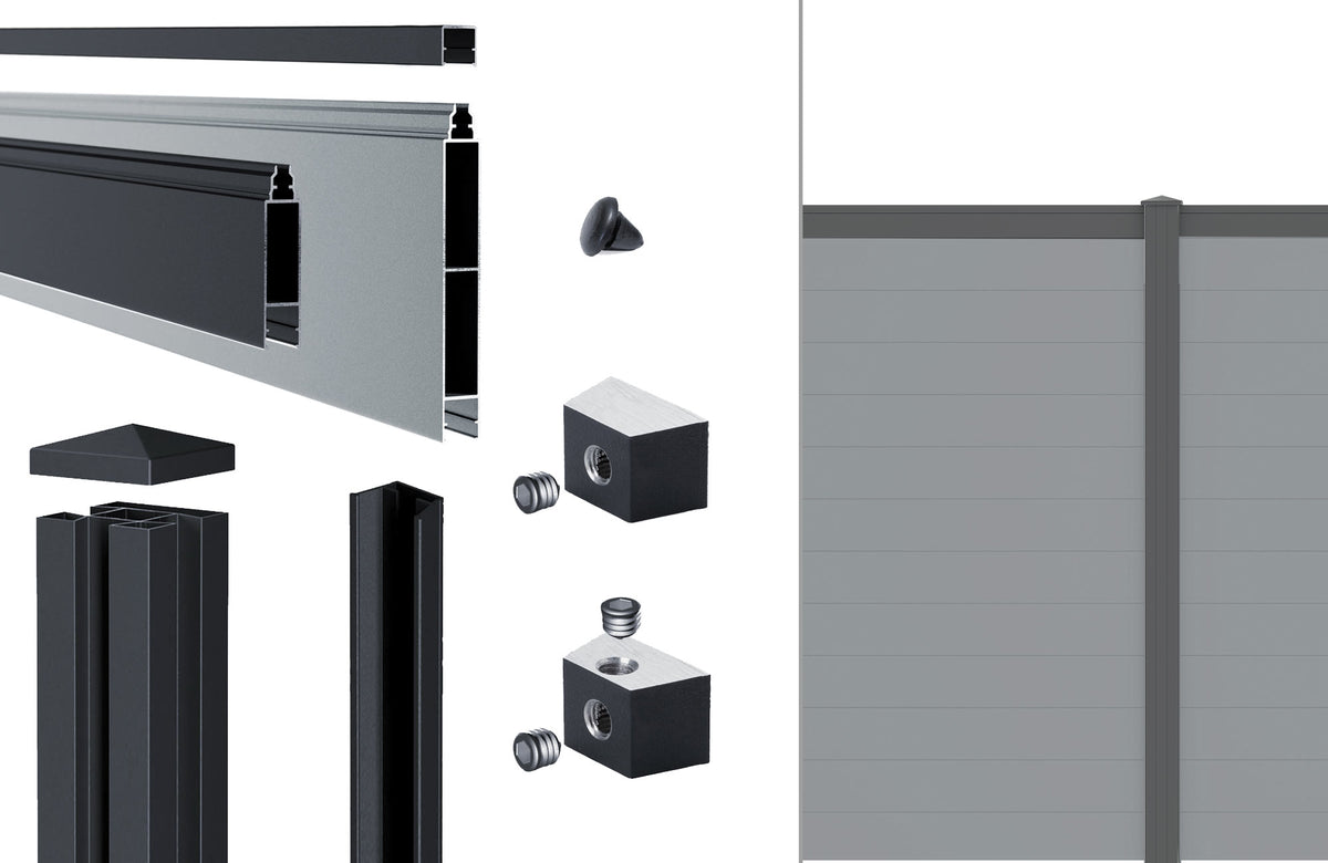 Aluzaun Komplettset VIDUAL snap 140, fenstergrau (RAL 7040 Feinstruktur) – Produkt- / Systemansicht. Serien-/Systembeispiel; Farbe, Maße oder Ausführung können abweichen.